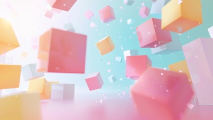 Colorful geometric shapes flying in the air, with a pastel colored background in light white and pink tones Generative AI