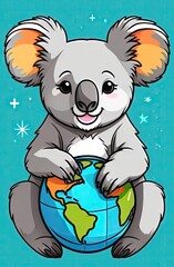 Wall Mural - Smiling koala hugs a globe, flat vertical illustration.Knowledge day, back to school and september 1 concept.Save the planet concept.