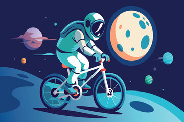 Wall Mural - a man in a spacesuit is riding a bicycle on a planet