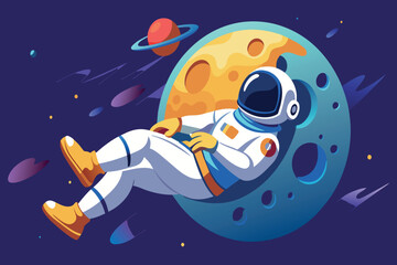 Wall Mural - a cartoon astronaut is floating in space, looking at the moon
