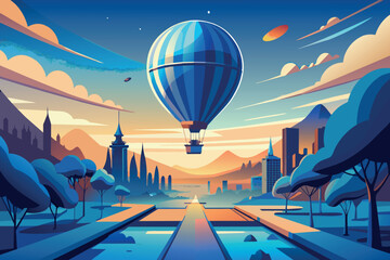 Wall Mural - A blue hot air balloon is floating over a city with mountains in the background