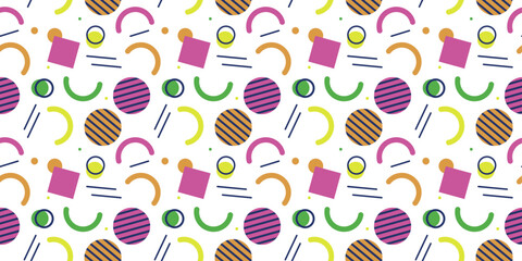 Fototapete - Bright Memphis - circles, squares and arcs. Seamless simple and colorful memphis pattern.