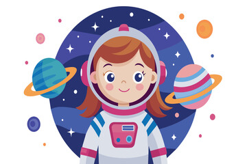 Wall Mural - a girl in a space suit is smiling and looking at the camera