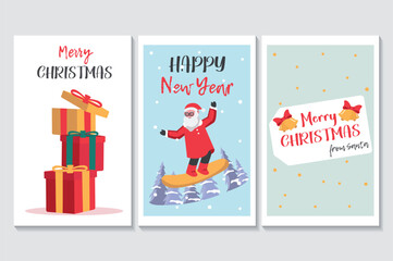 Wall Mural - Happy holidays set of posters in flat cartoon design. Three posters filled with atmospheric elements of winter holidays, gifts, Santa Claus and wishes. Vector illustration.