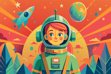 Wall Mural - a girl in a green spacesuit stands in front of a rocket and a planet