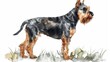 Depicts a Airedale Terrier in a watercolor style with a blurry grass background adding a natural feel