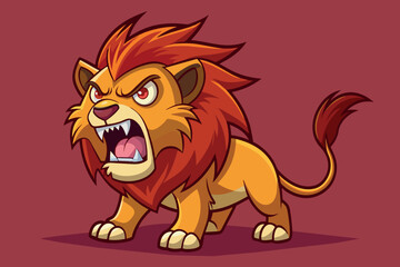 Wall Mural - A cartoon lion is standing on a red background with its mouth open