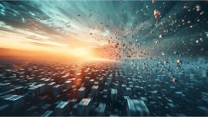 Poster - Digital landscape of a data city dissolving into pixels and bits against a dramatic sunset sky, symbolizing data transformation.