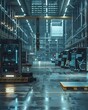 Futuristic warehouse where automation and digital systems streamline logistics, with robots and digital interfaces in operation