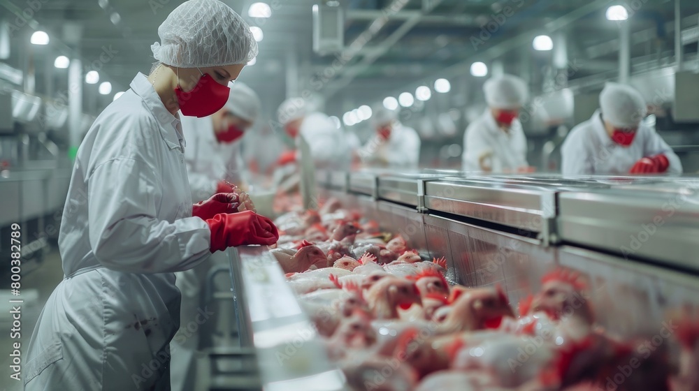 Workers in a modern poultry processing plant, handling freshly ...