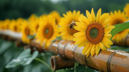 Sticker - Buzzing Beauty: Close-up of a Bee Pollinating a Sunflower, generative ai