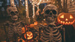 Skeletons in front of a house at Halloween. Neural network generated image. Not based on any actual scene or pattern.