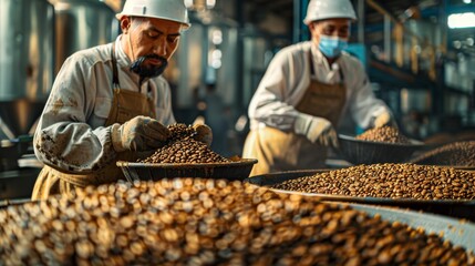 Wall Mural - Workers sorting and grading dried coffee beans in a factory to meet export standards.