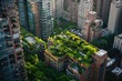 A cityscape with buildings featuring lush green rooftops, demonstrating urban sustainability.