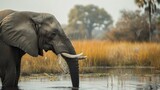 Fototapeta  - Calm, serene African elephant captured in the stillness of its habitat, gently drawing water through its powerful trunk