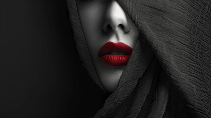 Minimalistic black background with a female face partially hidden by a dark cloth.