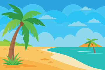 Wall Mural - A tropical beach scene with palm trees and a blue ocean