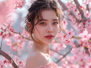 A close-up of a woman with freckles looking at the camera, surrounded by cherry blossoms.