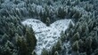 A snow covered forest with two heart shaped clearings revealing patches of green grass, symbolizing the enduring love that survives even the harshest winters  