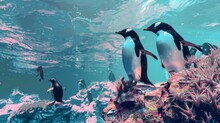 A Dazzling Underwater Tableau Showcases Penguins Gathered On A Vividly Colored Coral Reef, Contrasting The Marine Life With The Avians