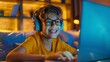 A cheerful young child with curly hair engaging with a bright yellow laptop, symbolizing the joy of learning and technology