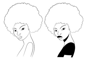 Vector line art portrait in two versions of young beautiful african american woman in cartoon style.