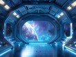 A vast, empty spaceship interior bathed in a soft blue glow, with large observation windows revealing a swirling nebula in the distance  