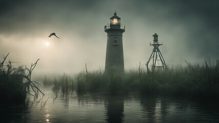 Canvas Print - lighthouse at night A scary lighthouse in a haunted swamp, with mist, vines,  