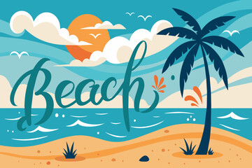 Wall Mural - A beach scene with palm trees and a blue ocean