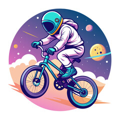 Wall Mural - illustration of an astronaut performing BMX tricks against the backdrop of a softly illuminated moon, with vibrant colors and sleek lines