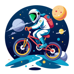 Wall Mural - illustration of an astronaut performing BMX tricks against the backdrop of a softly illuminated moon, with vibrant colors and sleek lines