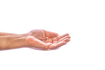 Elderly lady is waiting for help. Elderly, Aging concept. Elderly woman, wrinkled hand palm reaching out forward. Old lady arms. Old man hand on a white background. Old lady's hand with open palm