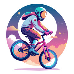 Wall Mural - illustration of an astronaut performing BMX tricks against the backdrop of a softly illuminated moon, with vibrant colors and sleek lines