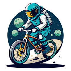 Wall Mural - illustration of an astronaut performing BMX tricks against the backdrop of a softly illuminated moon, with vibrant colors and sleek lines