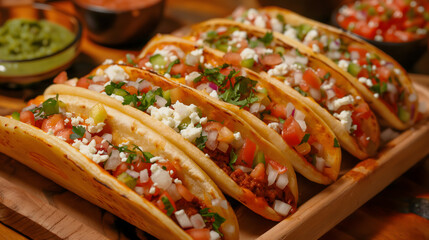 Wall Mural - Traditional Mexican Tacos with Meat and Fresh Vegetables on a Wooden Plate