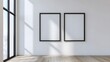 © Hamid - Two empty vertical black frame mock up in a white interior room design with wooden oak floor, 2 empty modern frames for gallery wall mockup, 3d illustration white wall interior render Ai generated