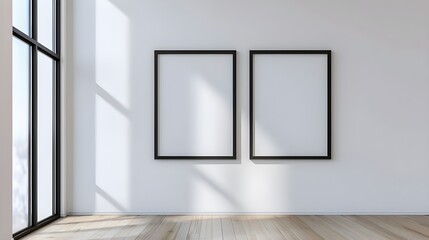 Two empty vertical black frame mock up in a white interior room design with wooden oak floor, 2 empty modern frames for gallery wall mockup, 3d illustration white wall interior render Ai generated 