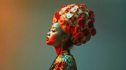 Wall Mural - an exotic beautiful woman with a thick pizza Mohawk wearing a superhero mask made of pepperoni slices, pizza print jacket, pizza theme, minimalistic