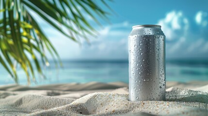 Mockup aluminum can with droplets of condensate on the background of sand, tropical leaves, blue sky and sea