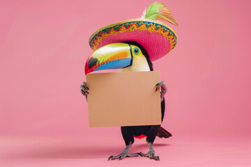 Poster - Portrait of a toucan bird wearing a traditional mexican sombrero hat holding a blank sign