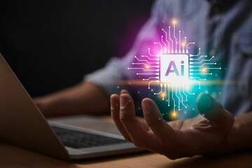 magenta turquoise ai technology or artificial intelligence concept. microchip and circuit line ai ar