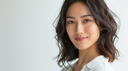 Portrait of a 30 year old Japanese woman smiling slightly on a white background. Asian woman with a gentle smile and loose hair in white shirt