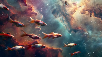 School of Neon Tetras Darting Through Cosmic Nebula