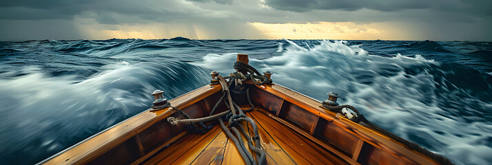Wall Mural - wooden boat made of teak on the windy ocean