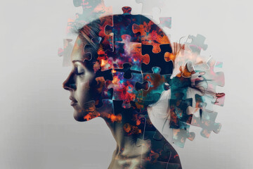 Woman head fragmented with many puzzle pieces