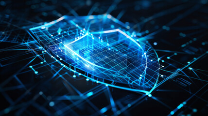 Poster - Wireframe of Cybersecurity Shield Data Protection and Privacy. Concept Cybersecurity, Data Protection
