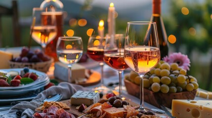 Beautiful table full of wine, cheese and snacks at dusk