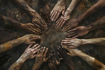 Wall Mural - A collection of hands of different sizes and skin tones joined together in a circle, symbolizing unity, collaboration, and the strength of a diverse community.