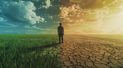 Wall Mural - The concept of climate change, the contrast of a green, dry and barren field with a human silhouette