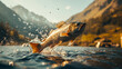 Close up of big trout fish jumping from the water with bursts in high mountain clean lake or river, at sunset or dawn, picturesque mountain summer landscape. Copy space.